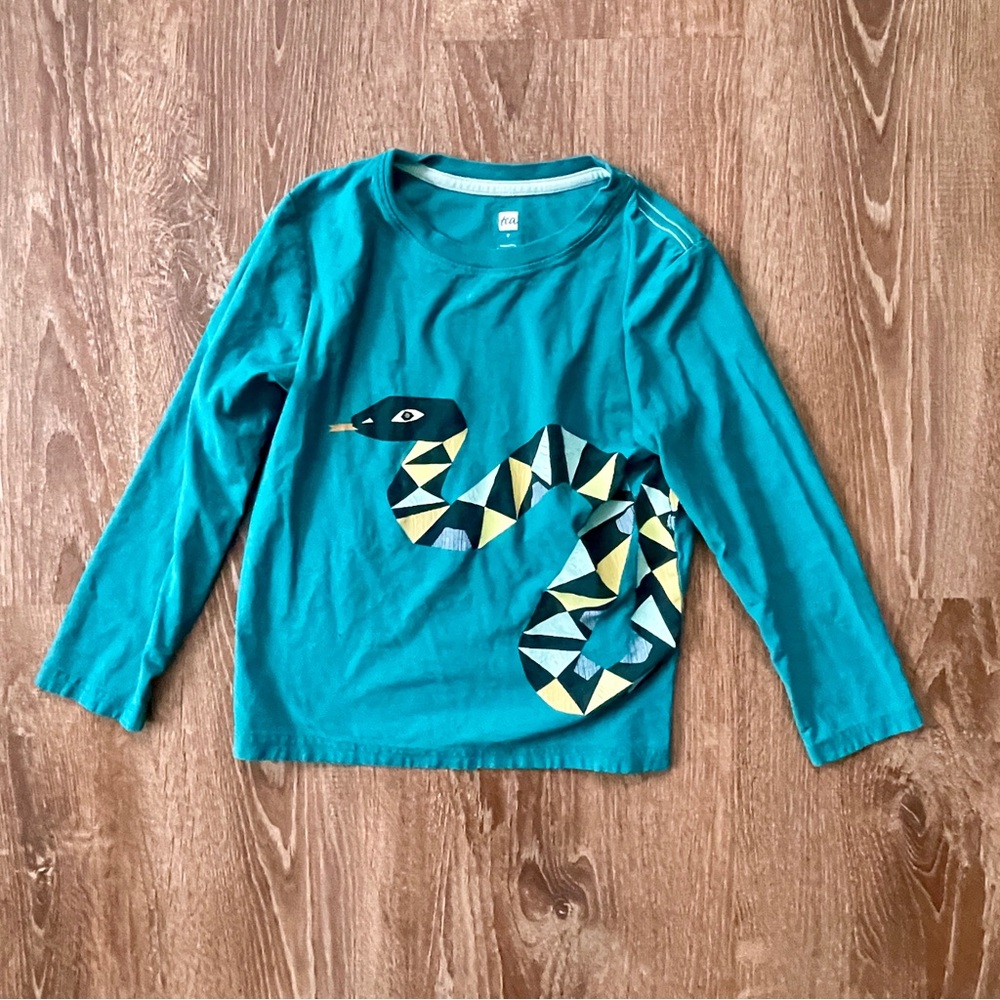 Tea Collection Teal Green Kids Shirt Geometric Snake Design 7 Cotton